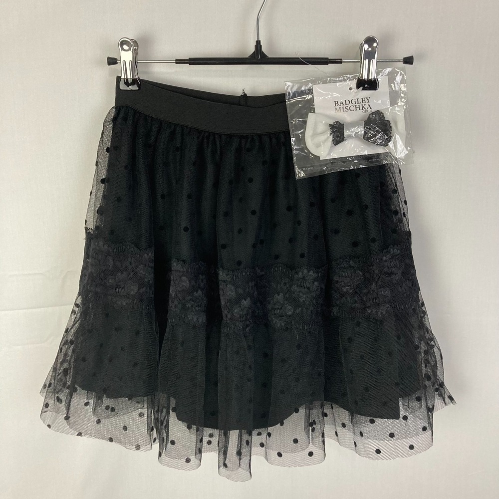 Badgley Mischka Girls 2pc Set Black Tulle Polka Dot Skirt & Matching Bow 8